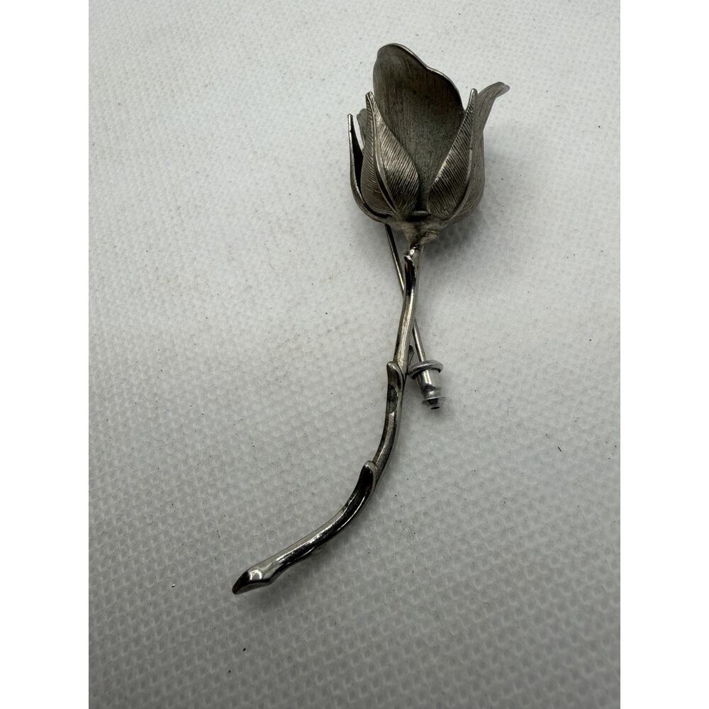 Vintage Floral Brooch Signed Giovanni Brooch Pin, 60s Silver Tone Long Stem Rose